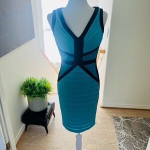 Cache Teal and Black Midi Dress